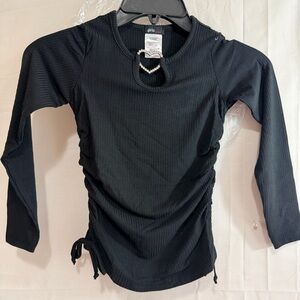 girls Black Long Sleeve Rhinestone Keyhole Neck Ruched Top